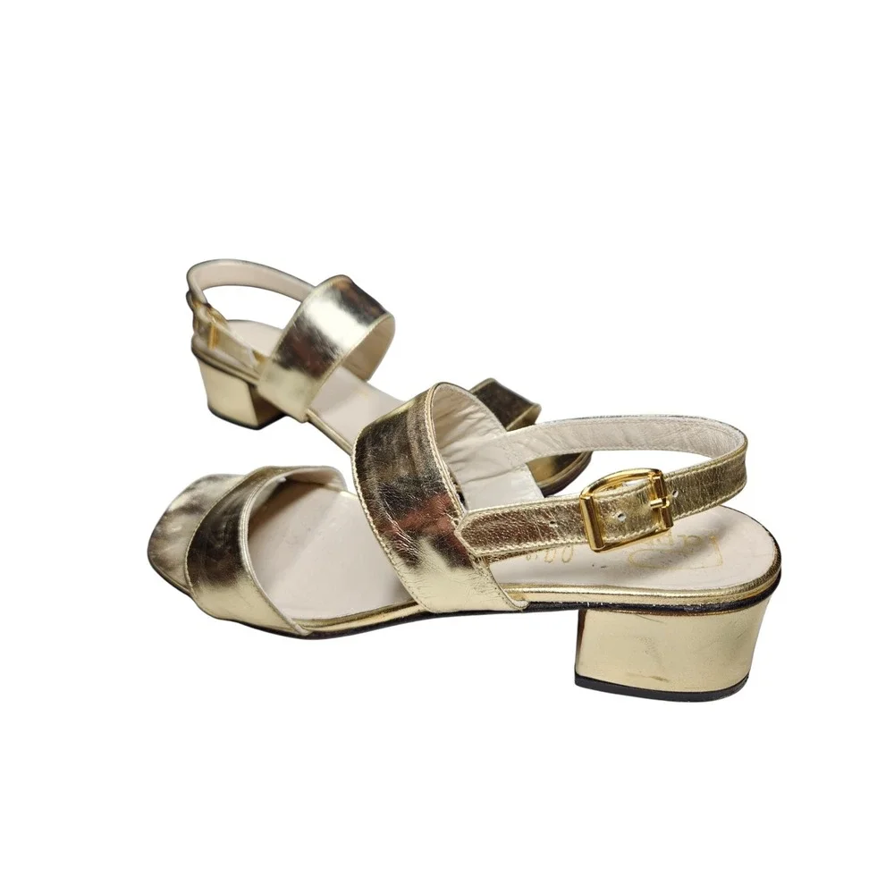 Vintage Pappagallo Gold Metallic Double Strap Block Heel Sandal Mod Disco 60s 7M